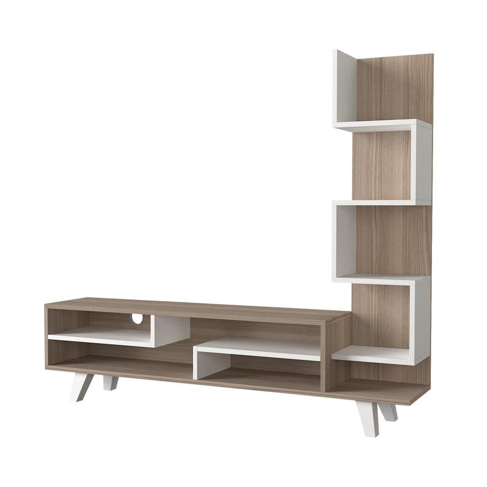 59 Inch Modern Wood TV Console Entertainment Center Stacked Shelves White and Oak Brown By The Urban Port UPT-272756