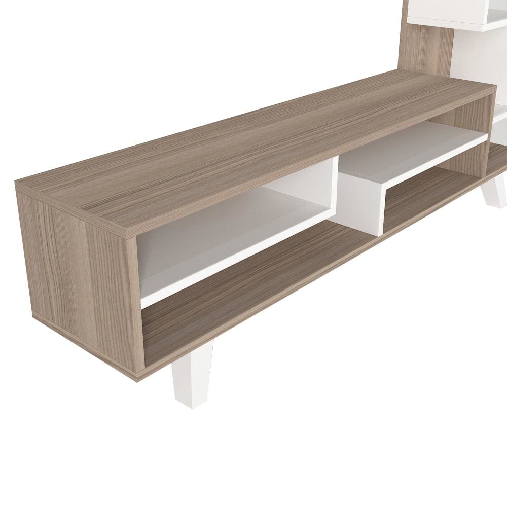 59 Inch Modern Wood TV Console Entertainment Center Stacked Shelves White and Oak Brown By The Urban Port UPT-272756