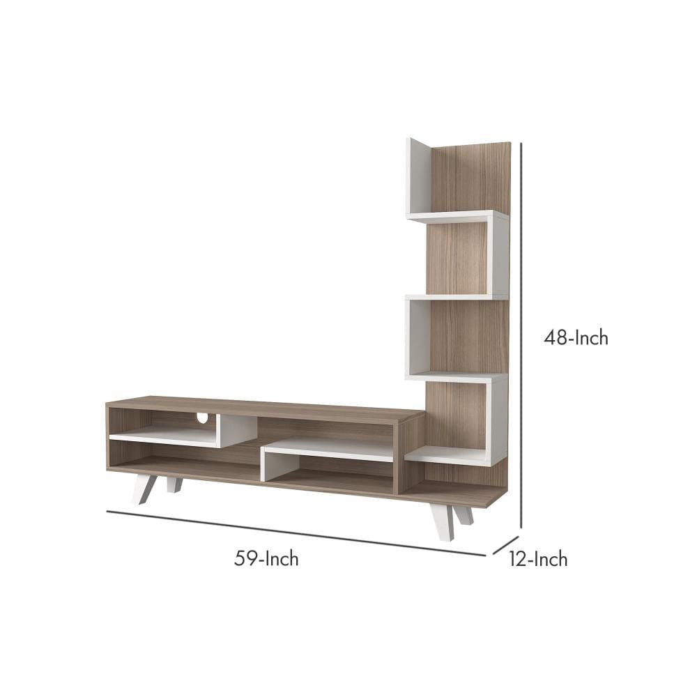 59 Inch Modern Wood TV Console Entertainment Center Stacked Shelves White and Oak Brown By The Urban Port UPT-272756