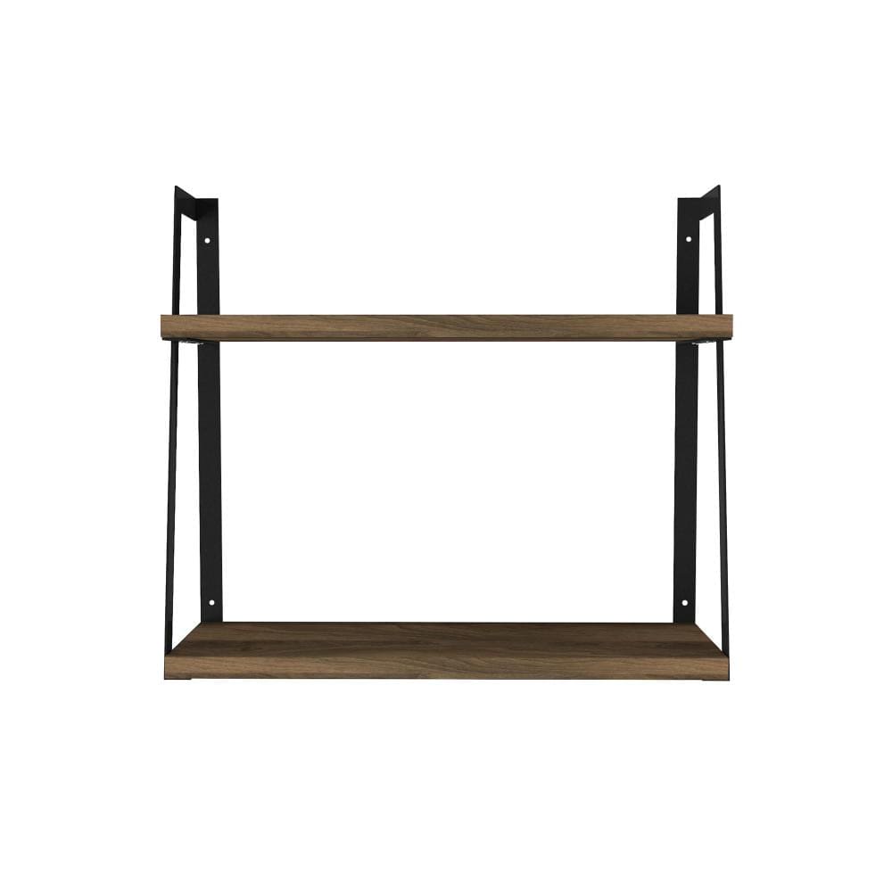 Joel 18 Inch Rectangular 2 Tier Wood Floating Wall Mount Shelf with Metal Frame Brown and Black By The Urban Port UPT-272760