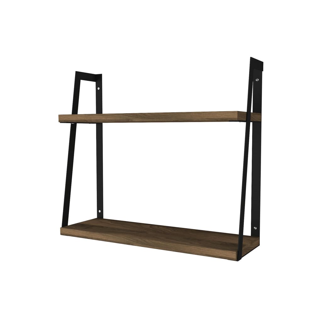 Joel 18 Inch Rectangular 2 Tier Wood Floating Wall Mount Shelf with Metal Frame, Brown and Black By The Urban Port