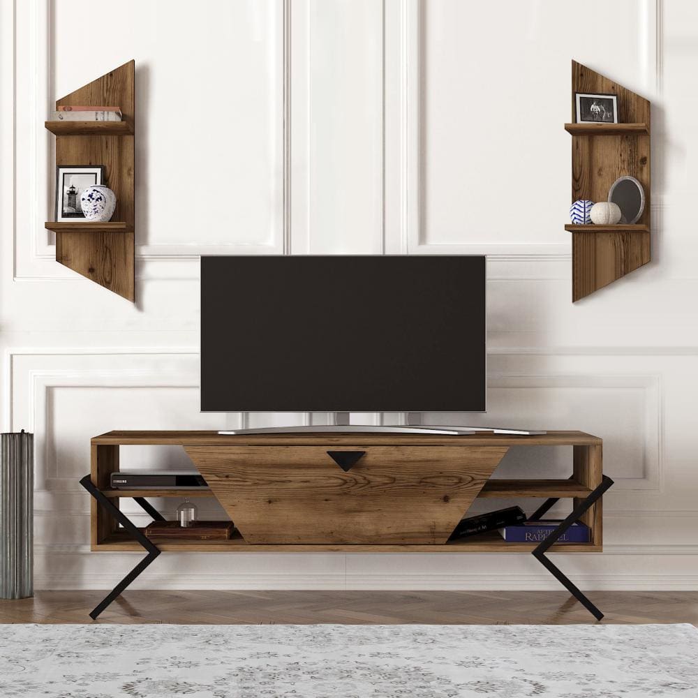 55 Inch Wood TV Console Entertainment Center, 1 Drop Down Door, 2 Wall Shelves, Walnut, Black By The Urban Port