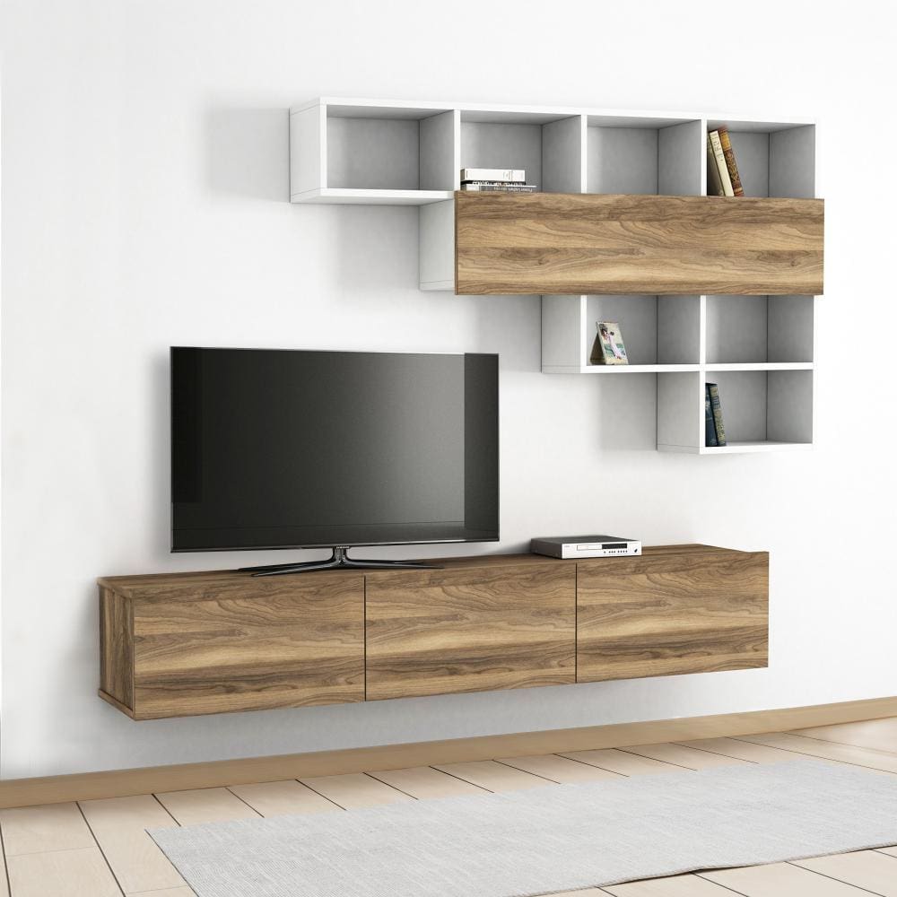 71 Inch Wall Mount TV Console Entertainment Cabinet 3 Doors 1 Floating Shelf Light Walnut White By The Urban Port UPT-272764