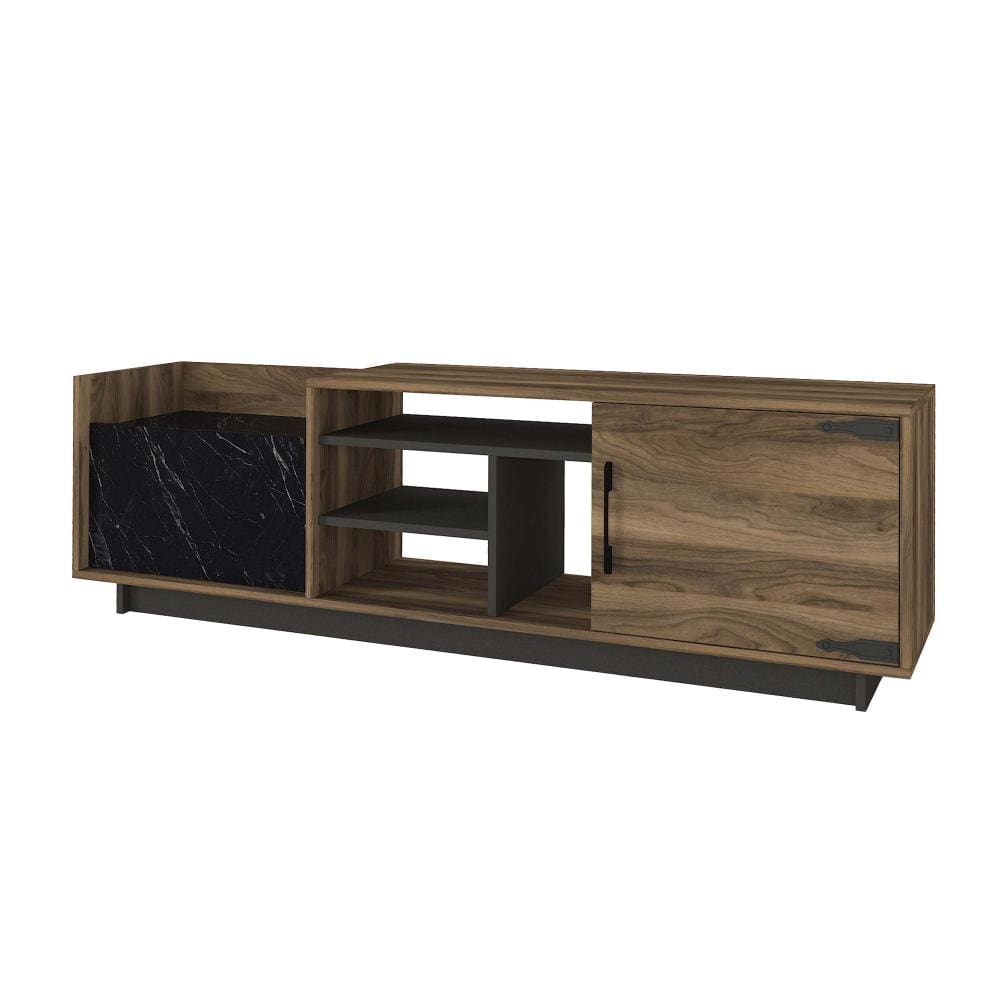 71 Inch Modern Wooden TV Console Cabinet 2 Doors 4 Open Compartments Walnut and Black By The Urban Port UPT-272765