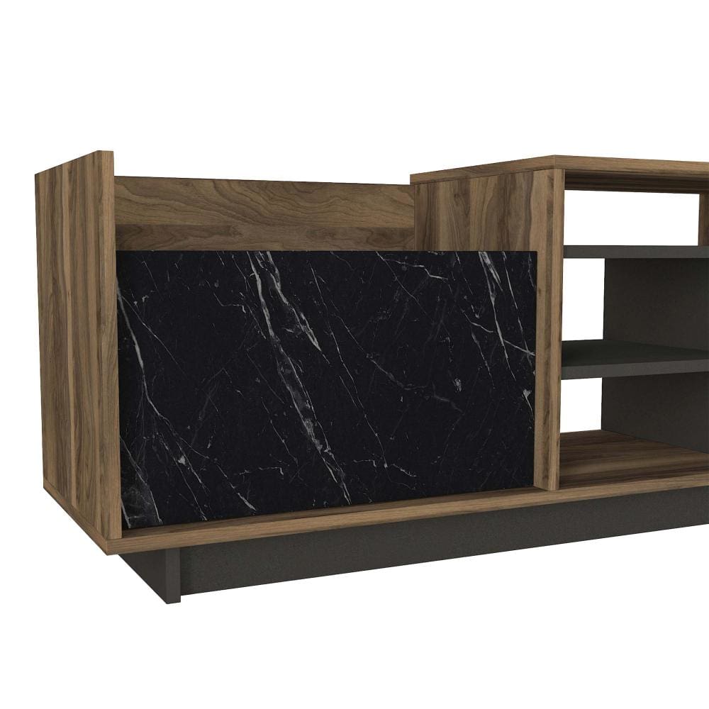 71 Inch Modern Wooden TV Console Cabinet 2 Doors 4 Open Compartments Walnut and Black By The Urban Port UPT-272765