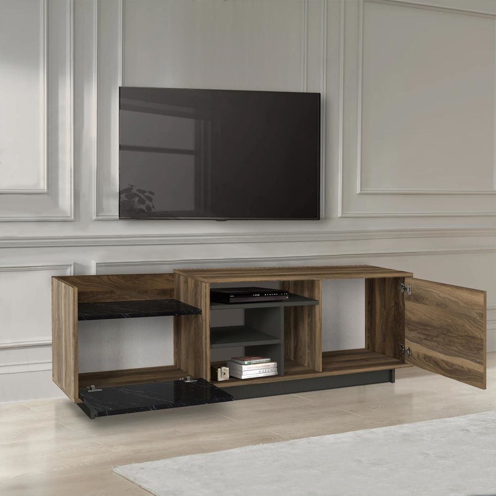 71 Inch Modern Wooden TV Console Cabinet 2 Doors 4 Open Compartments Walnut and Black By The Urban Port UPT-272765