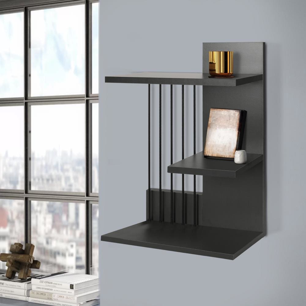 16 Inch 3 Tier Rectangular Wood Floating Wall Mount Shelf with Vertical Bars Accent Charcoal Gray By The Urban Port UPT-272767