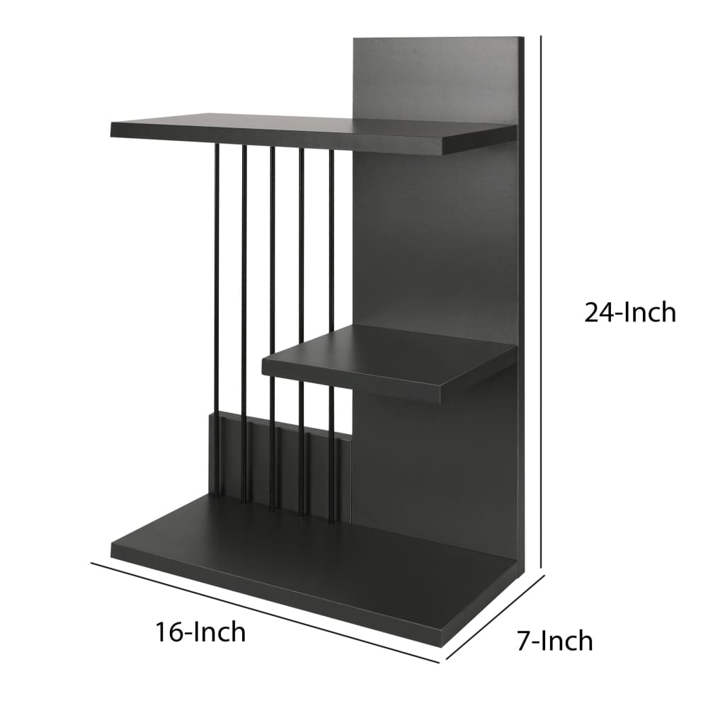 16 Inch 3 Tier Rectangular Wood Floating Wall Mount Shelf with Vertical Bars Accent Charcoal Gray By The Urban Port UPT-272767