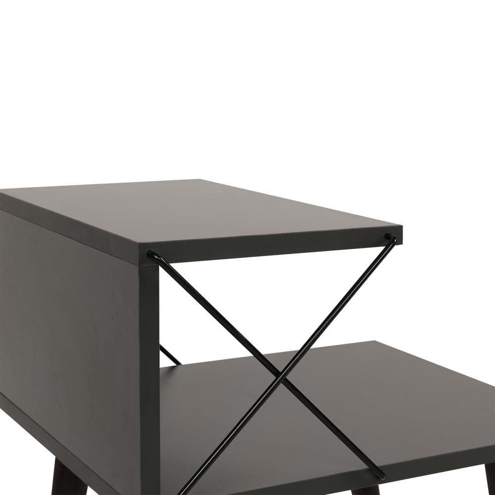 22 Inch Rectangular 2 Tier Wood Nightstand Side Table Crossed Metal Bar Frame Angled Legs Charcoal Gray Brown By The Urban Port UPT-272768