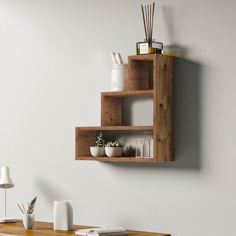 24 Inch Farmhouse Style 3 Tier Wood Floating Wall Mount Shelf with Staggered Design Natural Brown By The Urban Port UPT-272769