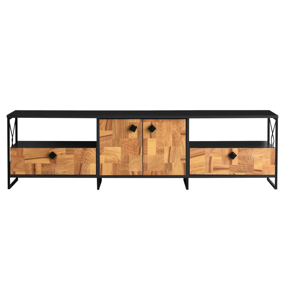 71 Inch Industrial Wooden TV Stand Media Entertainment Center 4 Doors 2 Open Compartments Metal Frame Brown Black By The Urban Port 