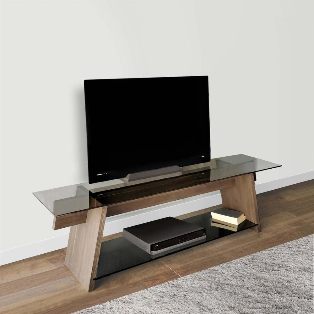 62 Inch Modern Tempered Glass Rectangular Top TV Console Stand Wood Frame Glass Bottom Shelf Black Brown By The Urban Port UPT-272774