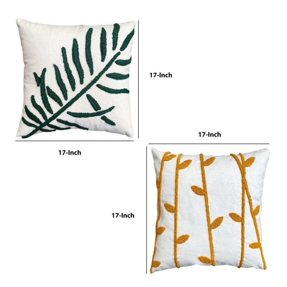 17 x 17 Inch 2 Piece Square Cotton Accent Throw Pillow Set Leaf Embroidery White Green Yellow By The Urban Port UPT-272775