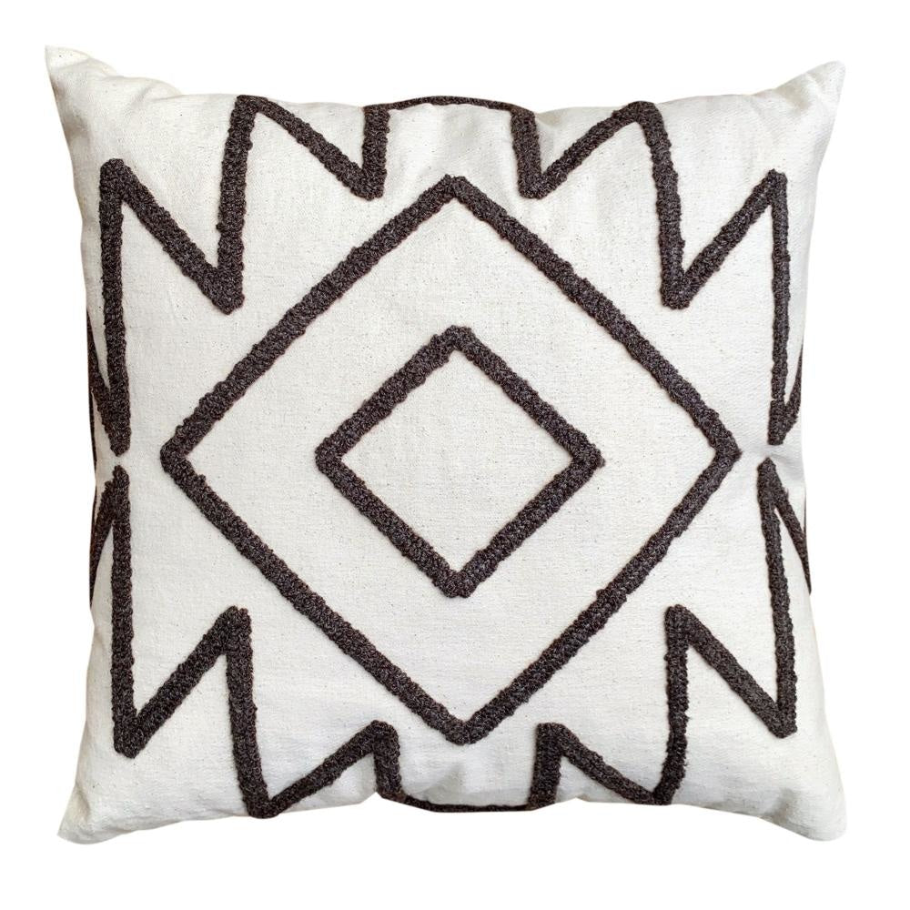 17 x 17 Inch 2 Piece Square Cotton Accent Throw Pillow Set with Modern Geometric Aztec Design Embroidery White Gray By The Urban Port 