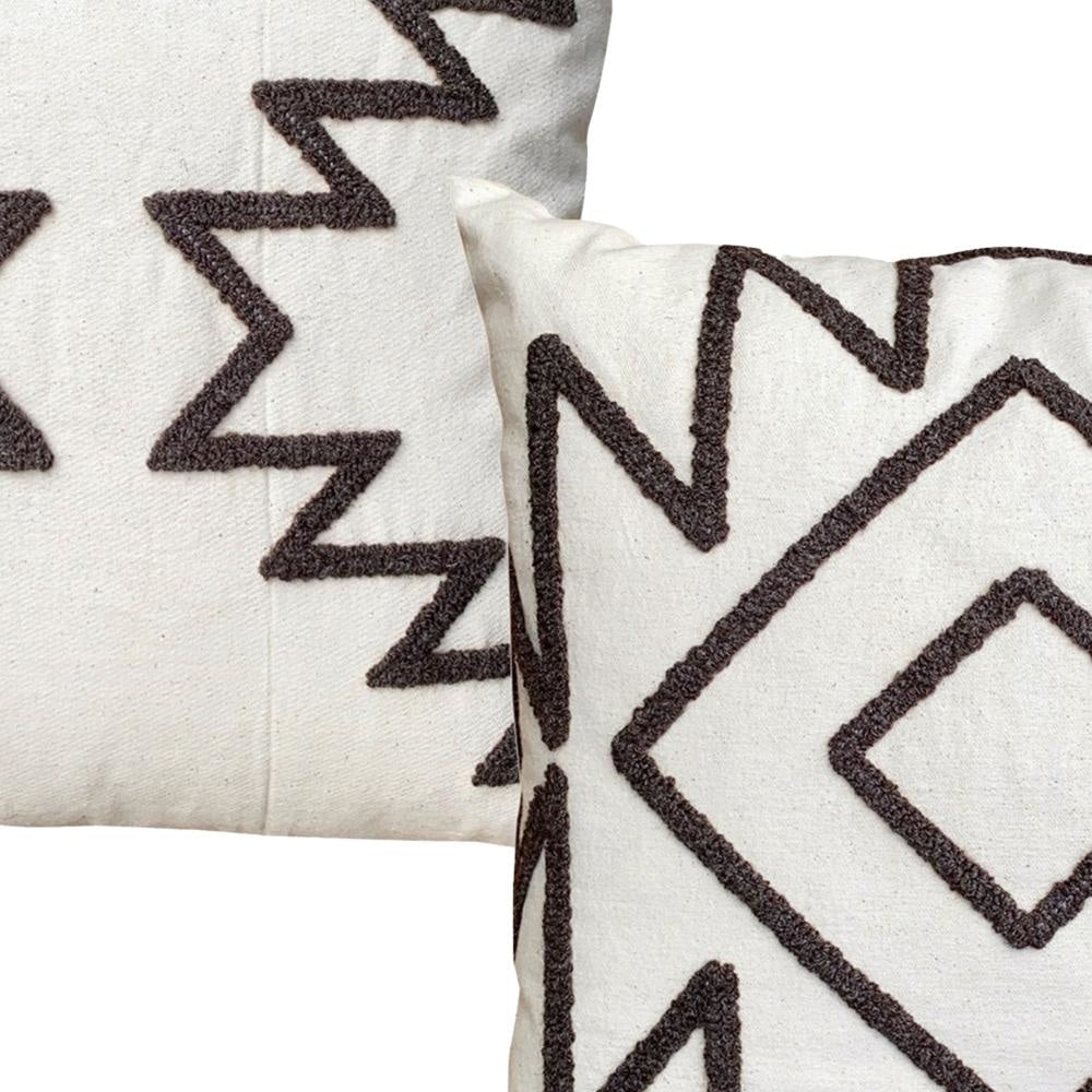 17 x 17 Inch 2 Piece Square Cotton Accent Throw Pillow Set with Modern Geometric Aztec Design Embroidery White Gray By The Urban Port 