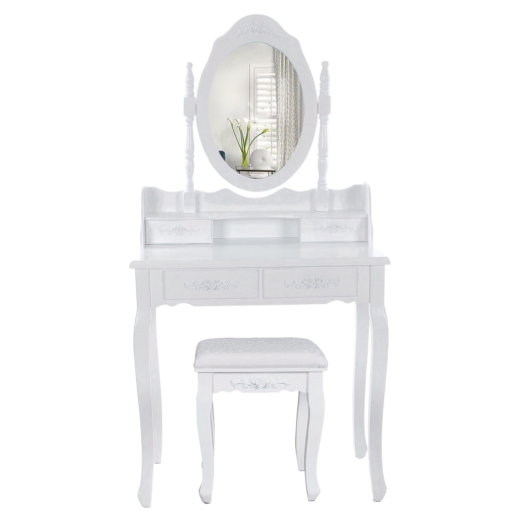 Ren 30 Inch 3 Piece Vanity Desk Set with Rotating Mirror and Matching Stool 4 Drawers Pure White Solid Wood By The Urban Port UPT-272876