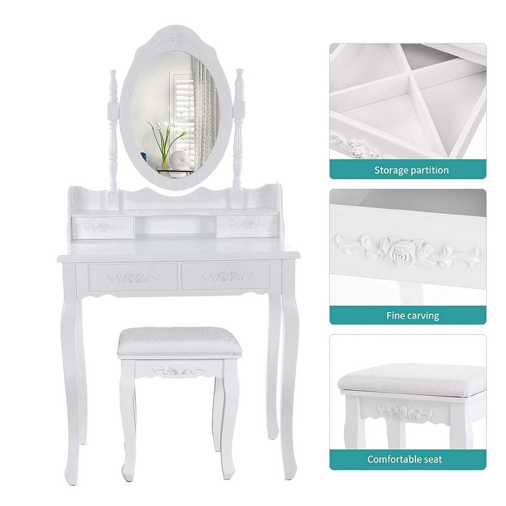 Ren 30 Inch 3 Piece Vanity Desk Set with Rotating Mirror and Matching Stool 4 Drawers Pure White Solid Wood By The Urban Port UPT-272876