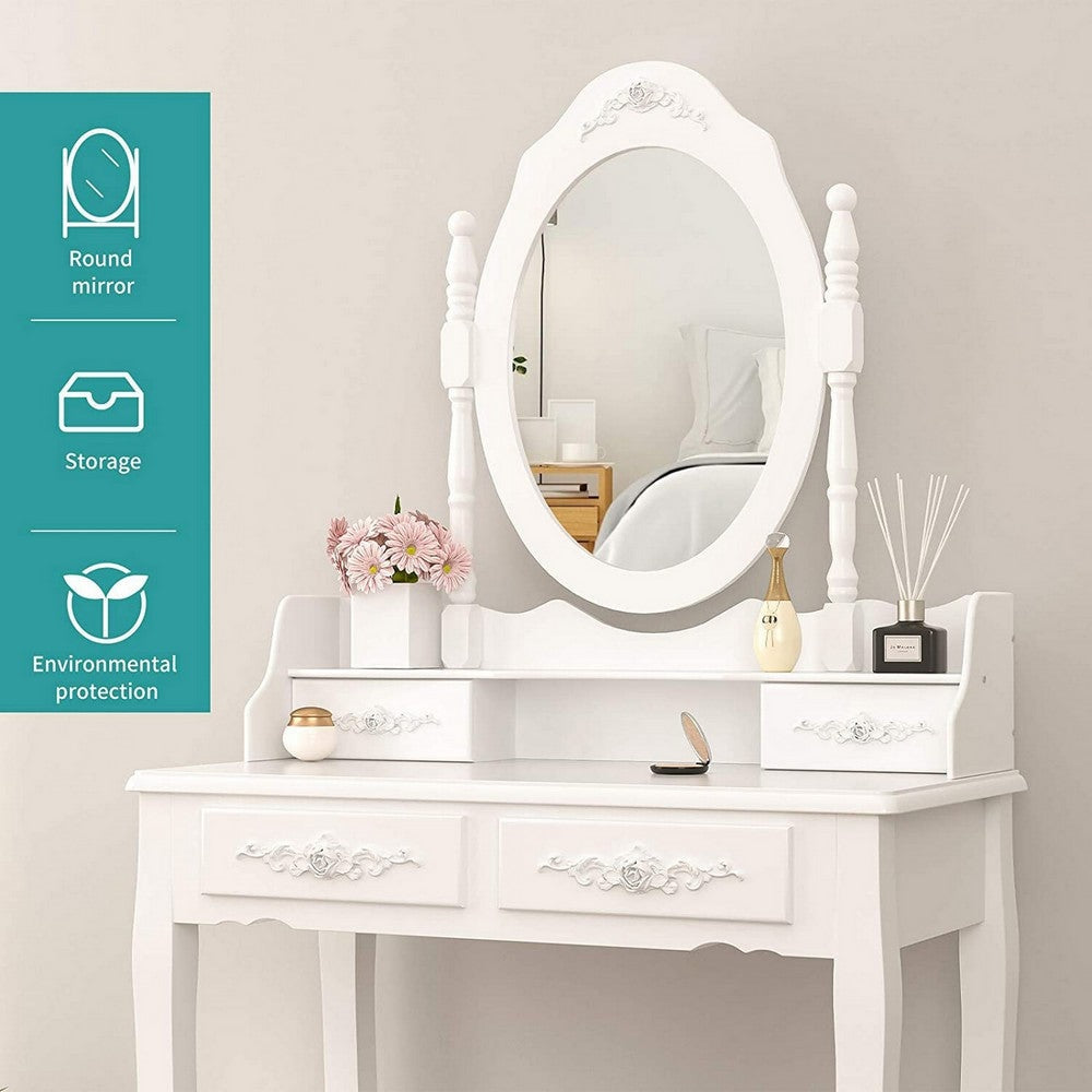 Ren 30 Inch 3 Piece Vanity Desk Set with Rotating Mirror and Matching Stool 4 Drawers Pure White Solid Wood By The Urban Port UPT-272876