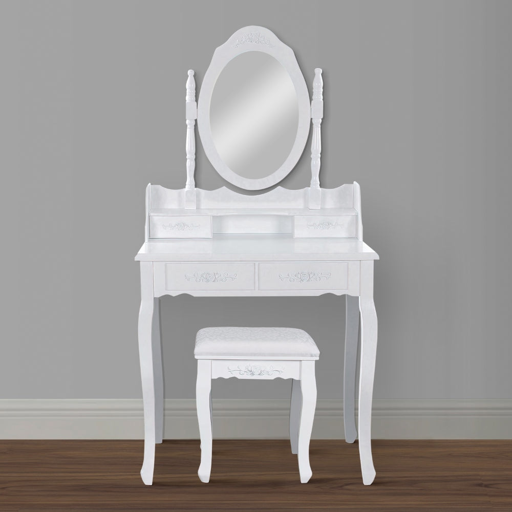 Ren 30 Inch 3 Piece Vanity Desk Set with Rotating Mirror and Matching Stool 4 Drawers Pure White Solid Wood By The Urban Port UPT-272876