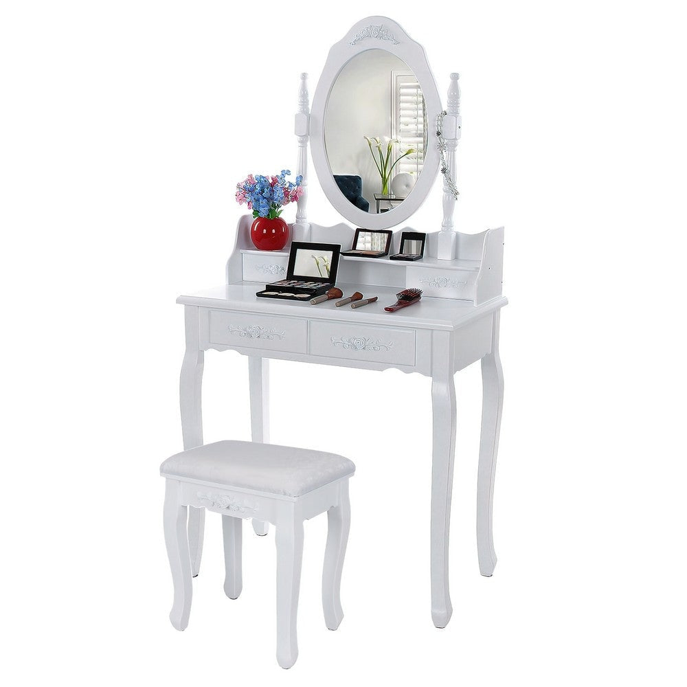 Ren 30 Inch 3 Piece Vanity Desk Set with Rotating Mirror and Matching Stool 4 Drawers Pure White Solid Wood By The Urban Port UPT-272876