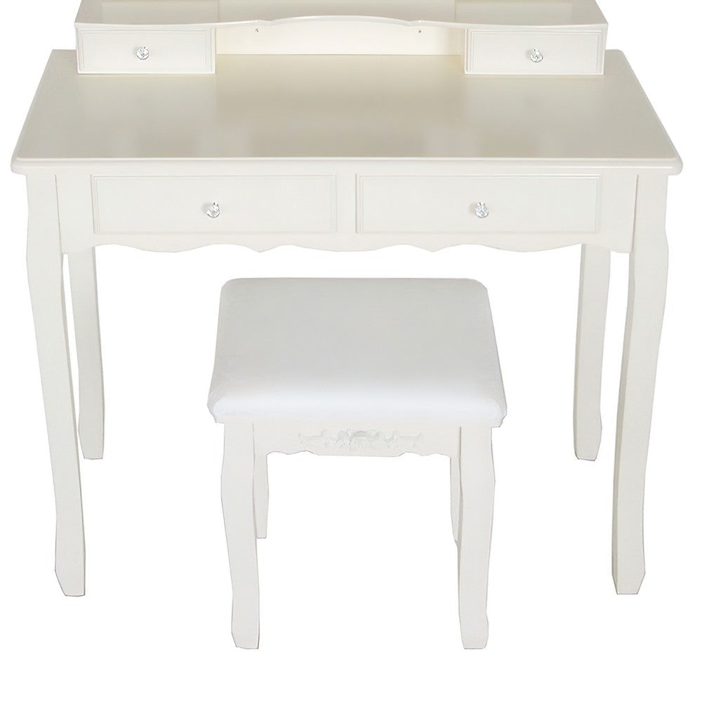 35 Inch 3 Piece Vanity Desk Set with Cushioned Stool and Elegant Trifold Mirror 4 Drawers Off White Solid Wood By The Urban Port UPT-272877