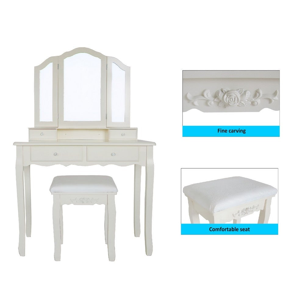 35 Inch 3 Piece Vanity Desk Set with Cushioned Stool and Elegant Trifold Mirror 4 Drawers Off White Solid Wood By The Urban Port UPT-272877