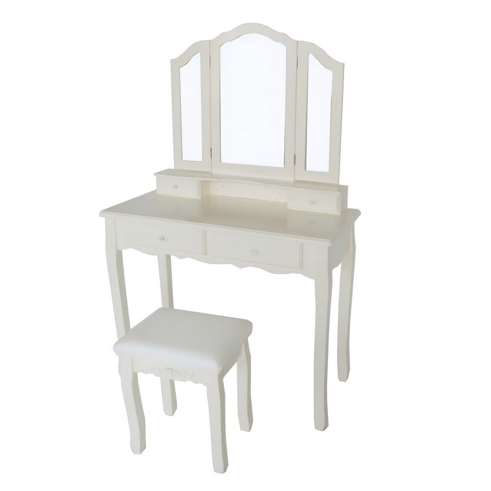 35 Inch 3 Piece Vanity Desk Set with Cushioned Stool and Elegant Trifold Mirror 4 Drawers Off White Solid Wood By The Urban Port UPT-272877