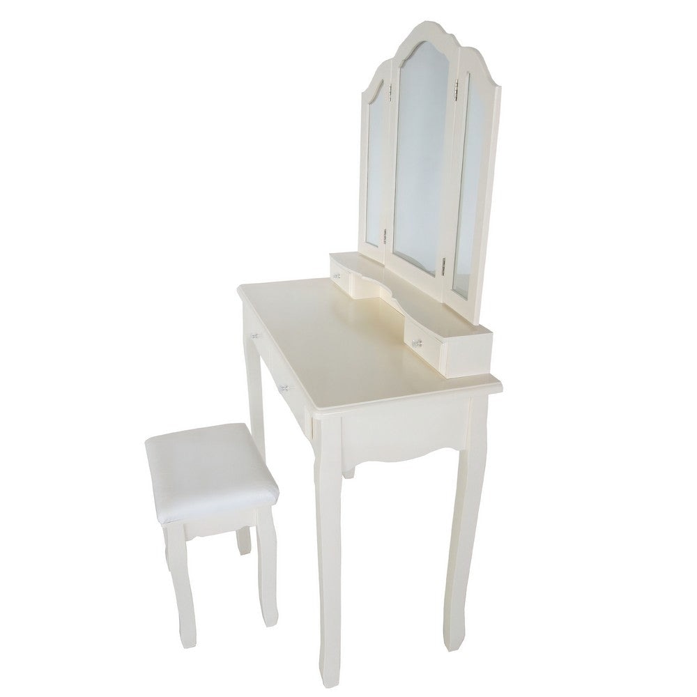 35 Inch 3 Piece Vanity Desk Set with Cushioned Stool and Elegant Trifold Mirror 4 Drawers Off White Solid Wood By The Urban Port UPT-272877