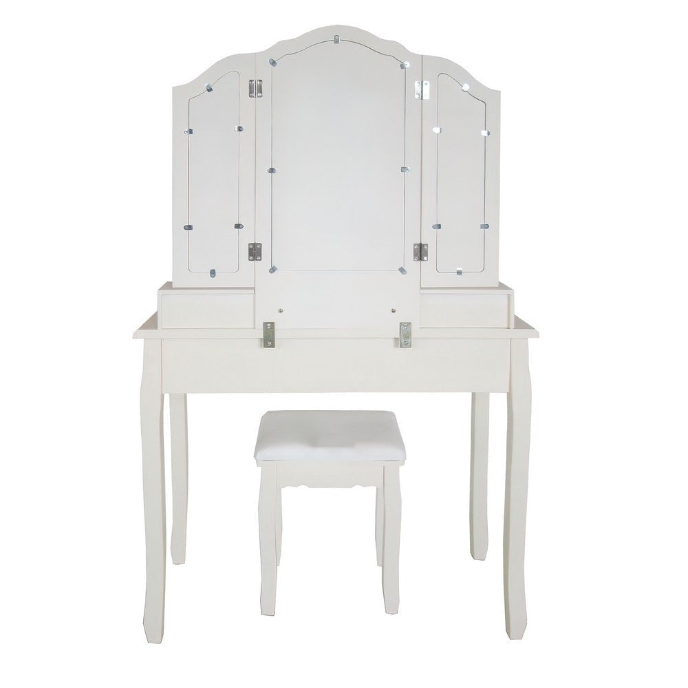 35 Inch 3 Piece Vanity Desk Set with Cushioned Stool and Elegant Trifold Mirror 4 Drawers Off White Solid Wood By The Urban Port UPT-272877