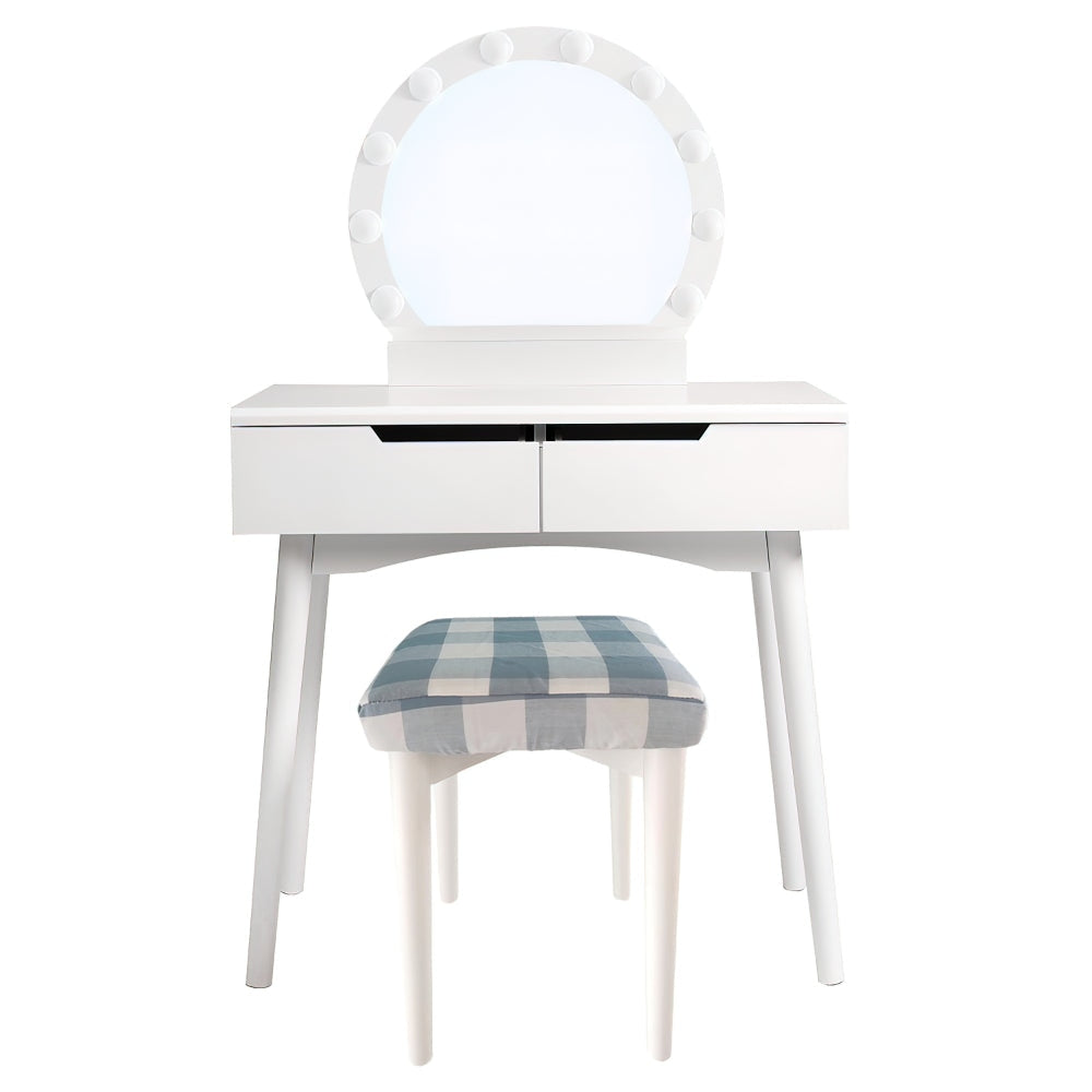 32 Inch 2 Piece Vanity Dressing Table Set with LED Mirror 2 Drawers and a Cushioned Stool White Solid Wood By The Urban Port UPT-272879