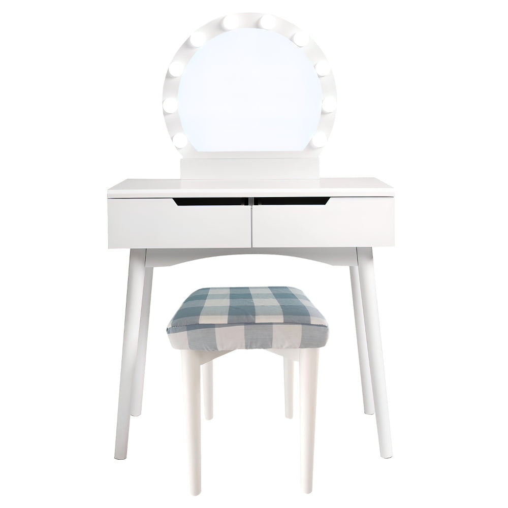 32 Inch 2 Piece Vanity Dressing Table Set with LED Mirror 2 Drawers and a Cushioned Stool White Solid Wood By The Urban Port UPT-272879