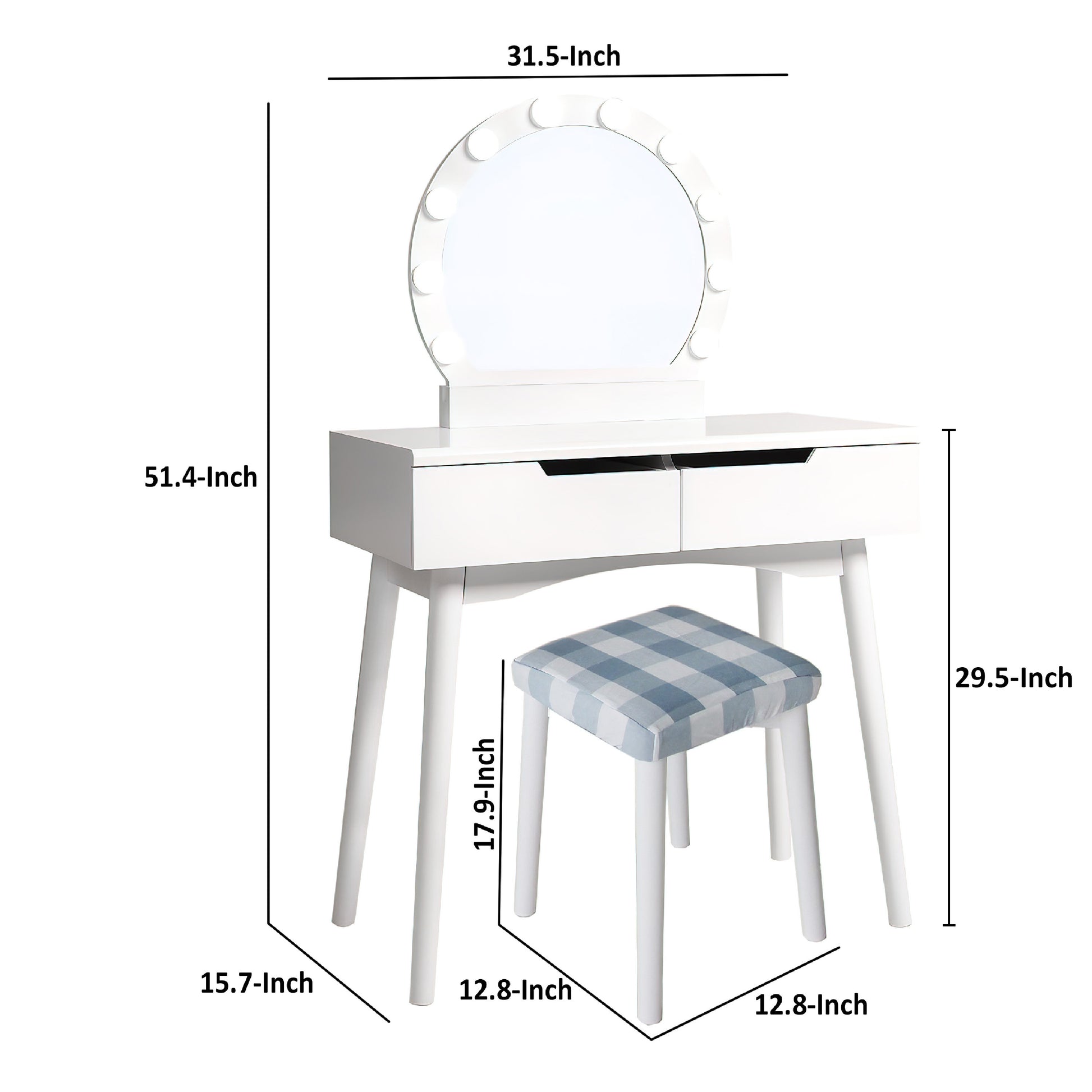 32 Inch 3 Piece Vanity Dressing Table Set with LED Mirror 2 Drawers Cushioned Stool White Solid Wood By The Urban Port UPT-272879