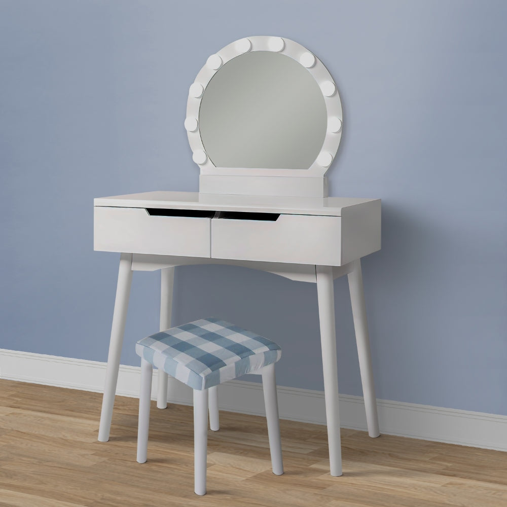 32 Inch 2 Piece Vanity Dressing Table Set with LED Mirror 2 Drawers and a Cushioned Stool White Solid Wood By The Urban Port UPT-272879