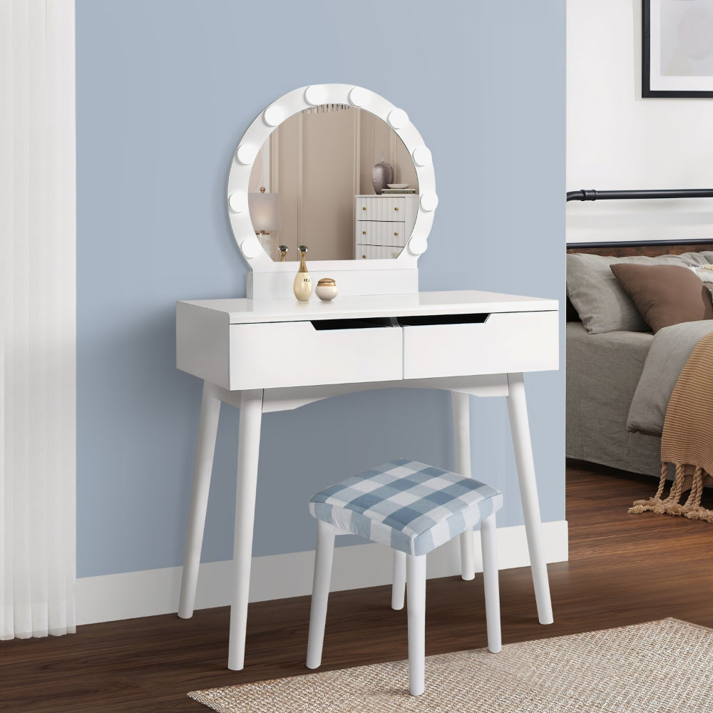 32 Inch 2 Piece Vanity Dressing Table Set with LED Mirror 2 Drawers and a Cushioned Stool White Solid Wood By The Urban Port UPT-272879