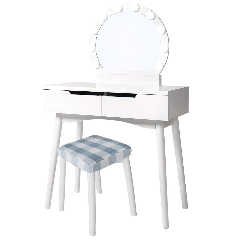 32 Inch 2 Piece Vanity Dressing Table Set with LED Mirror 2 Drawers and a Cushioned Stool White Solid Wood By The Urban Port UPT-272879