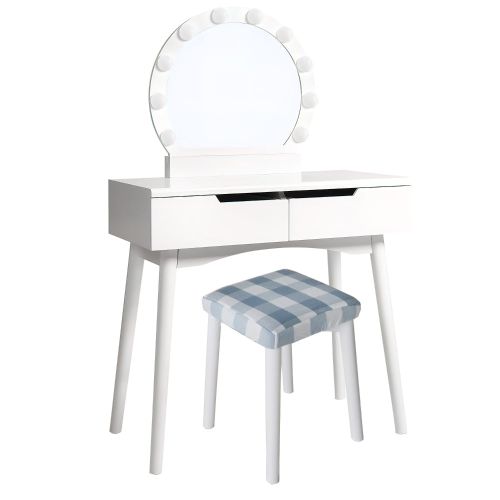 32 Inch 2 Piece Vanity Dressing Table Set with LED Mirror 2 Drawers and a Cushioned Stool White Solid Wood By The Urban Port UPT-272879