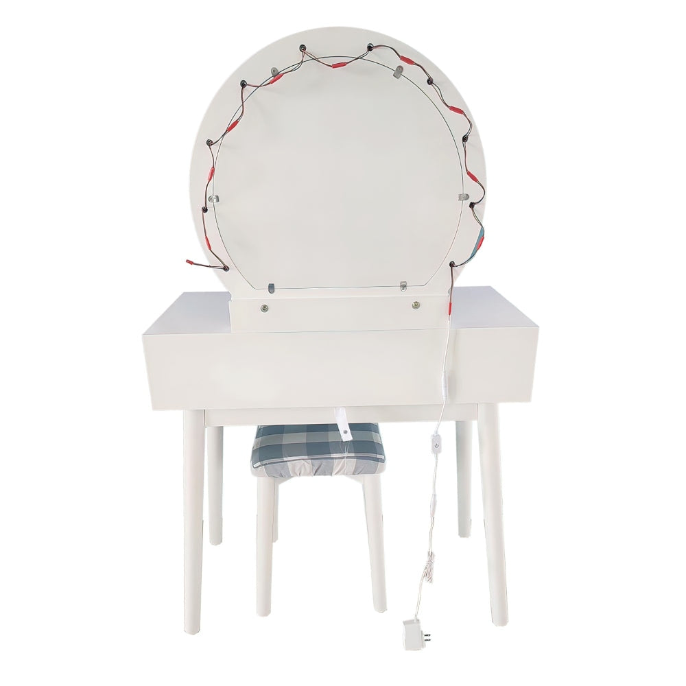 32 Inch 2 Piece Vanity Dressing Table Set with LED Mirror 2 Drawers and a Cushioned Stool White Solid Wood By The Urban Port UPT-272879