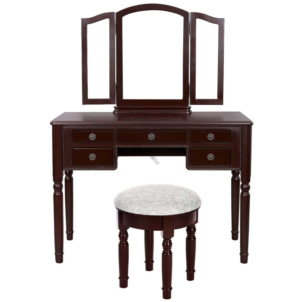 43 Inch 3 Piece Vanity Desk Set with Elegant Trifold Mirror and a Cushioned Stool Espresso Brown Solid Wood By The Urban Port UPT-272880