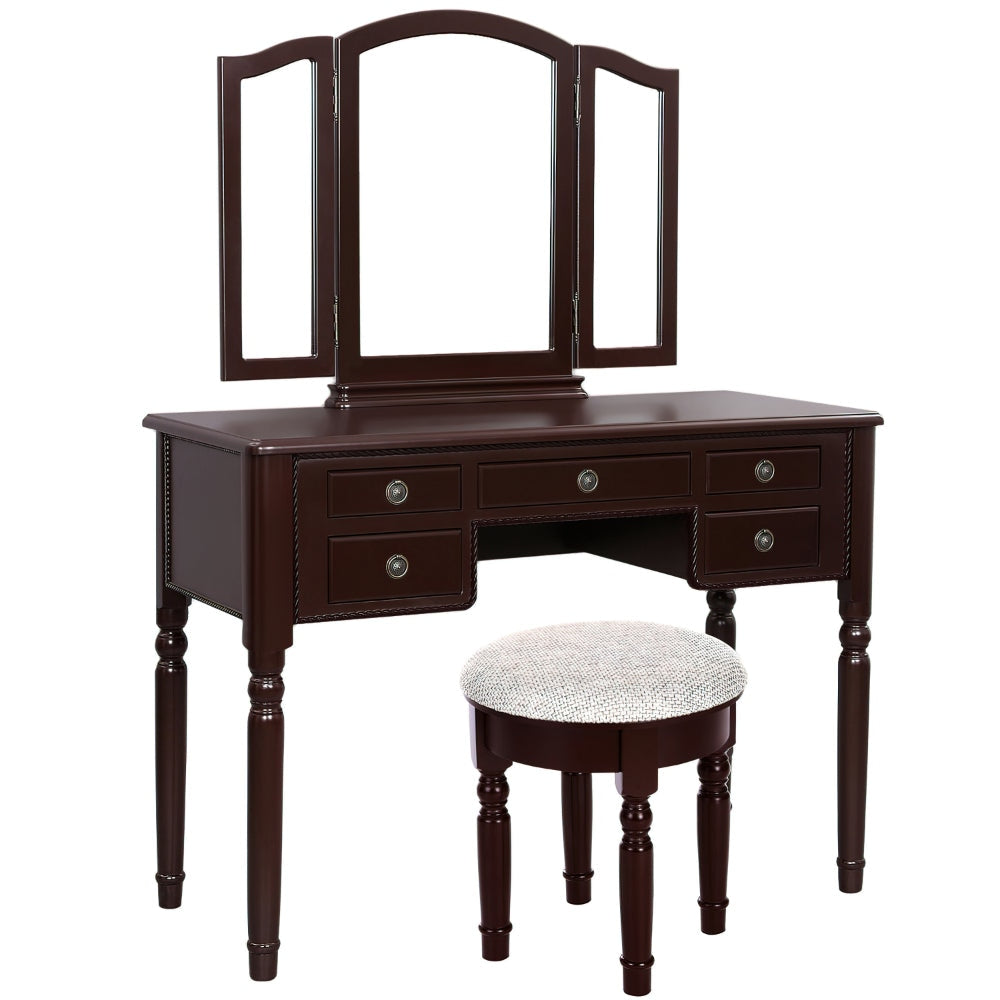 43 Inch 3 Piece Vanity Desk Set with Elegant Trifold Mirror and a Cushioned Stool Espresso Brown Solid Wood By The Urban Port UPT-272880