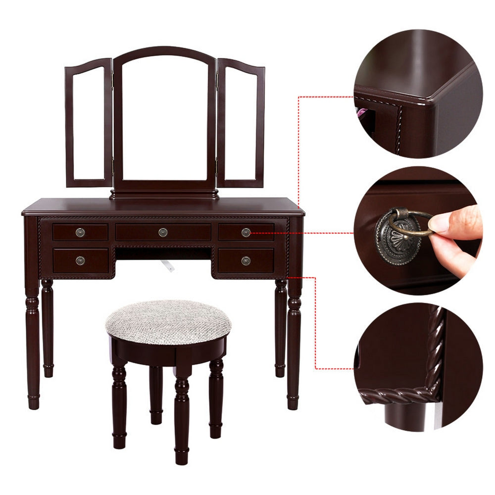 43 Inch 3 Piece Vanity Desk Set with Elegant Trifold Mirror and a Cushioned Stool Espresso Brown Solid Wood By The Urban Port UPT-272880