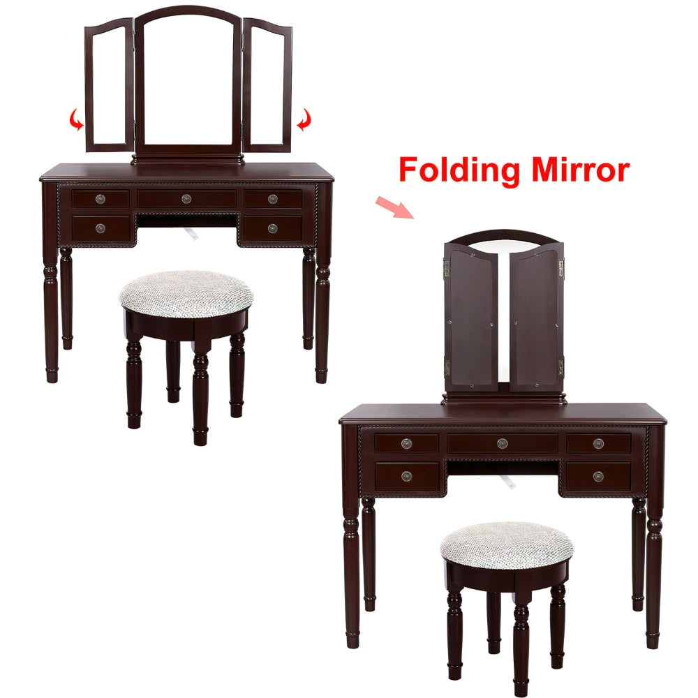 43 Inch 3 Piece Vanity Desk Set with Elegant Trifold Mirror and a Cushioned Stool Espresso Brown Solid Wood By The Urban Port UPT-272880