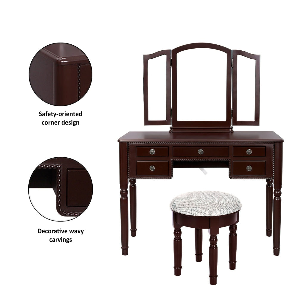 43 Inch 3 Piece Vanity Desk Set with Elegant Trifold Mirror and a Cushioned Stool Espresso Brown Solid Wood By The Urban Port UPT-272880