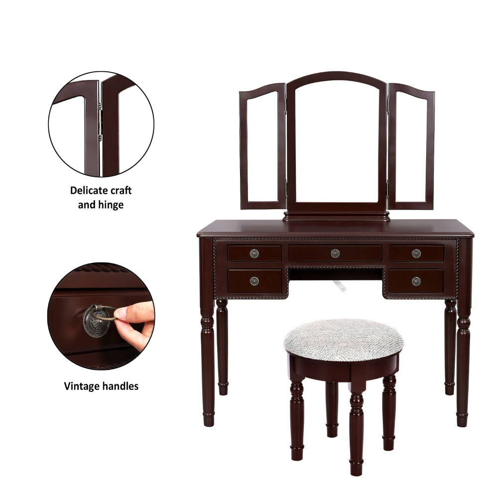 43 Inch 3 Piece Vanity Desk Set with Elegant Trifold Mirror and a Cushioned Stool Espresso Brown Solid Wood By The Urban Port UPT-272880