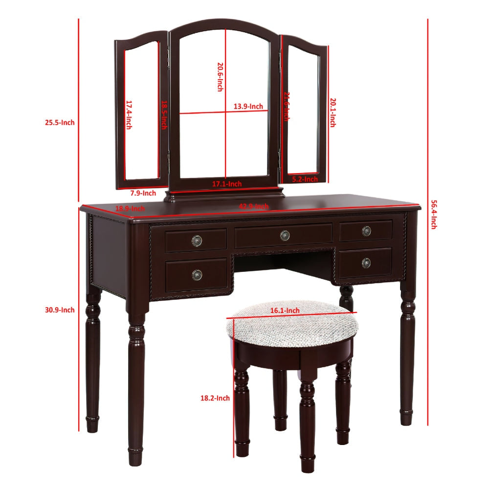 43 Inch 3 Piece Vanity Desk Set with Elegant Trifold Mirror and a Cushioned Stool Espresso Brown Solid Wood By The Urban Port UPT-272880