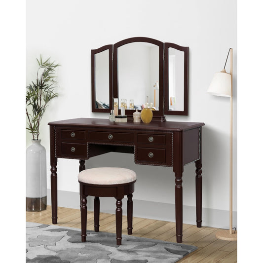 43 Inch 3 Piece Vanity Desk Set with Elegant Trifold Mirror and a Cushioned Stool, Espresso Brown Solid Wood By The Urban Port