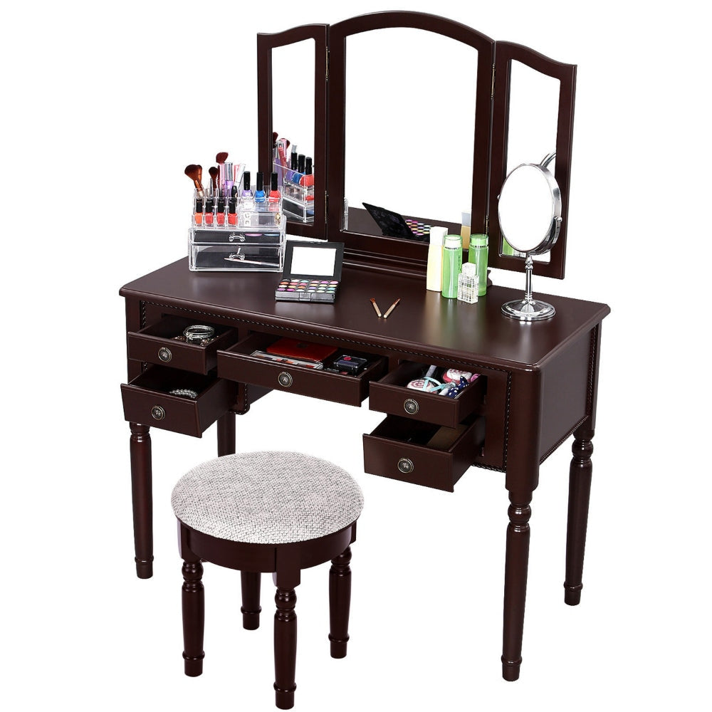 43 Inch 3 Piece Vanity Desk Set with Elegant Trifold Mirror and a Cushioned Stool Espresso Brown Solid Wood By The Urban Port UPT-272880