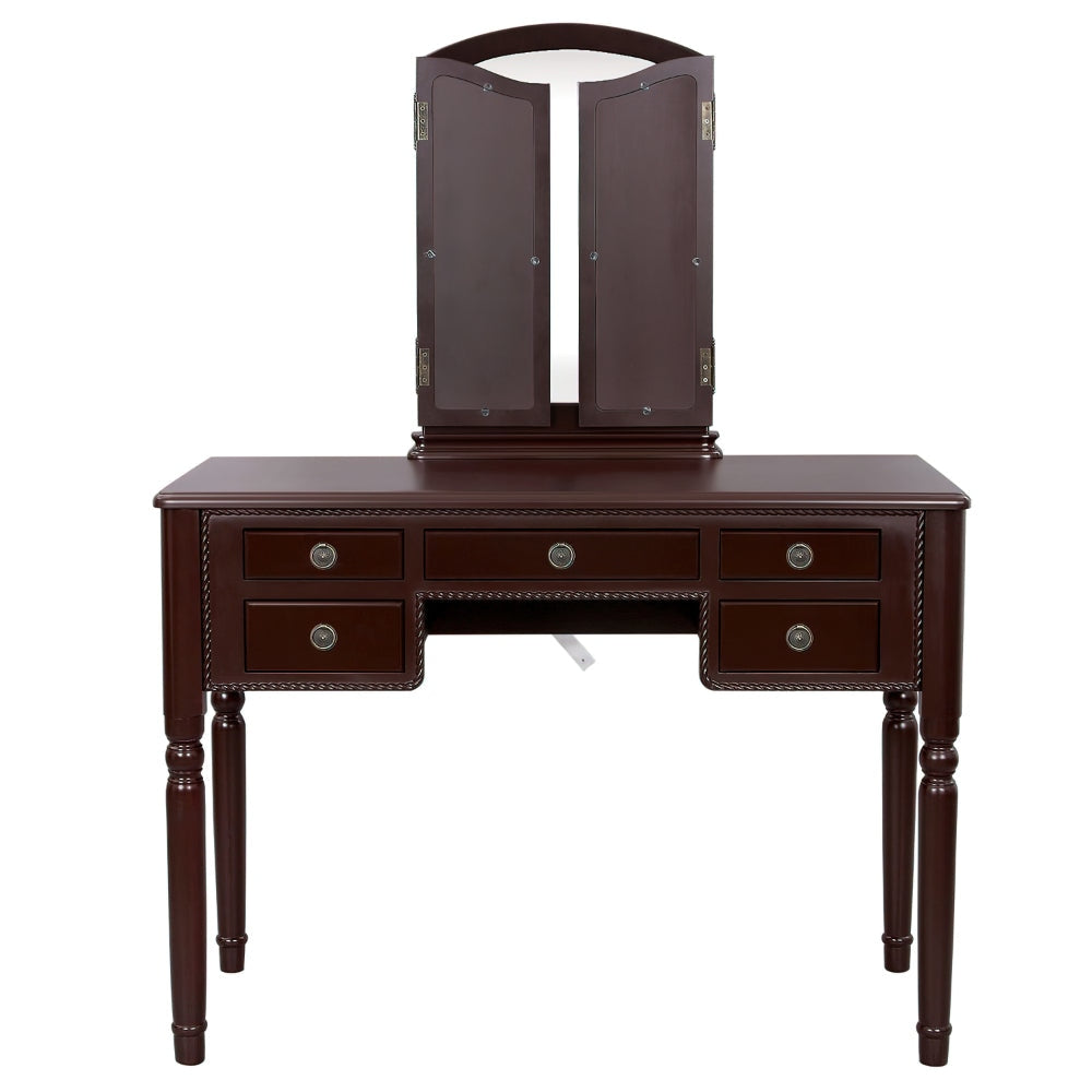 43 Inch 3 Piece Vanity Desk Set with Elegant Trifold Mirror and a Cushioned Stool Espresso Brown Solid Wood By The Urban Port UPT-272880