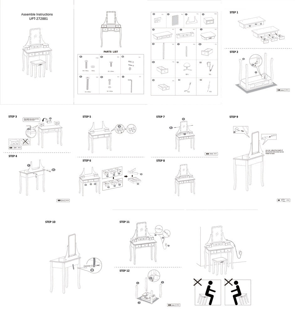 32 Inch 2 Piece Vanity Desk Set with LED Lights 5 Drawers Cushioned Stool White Solid Wood By The Urban Port UPT-272881