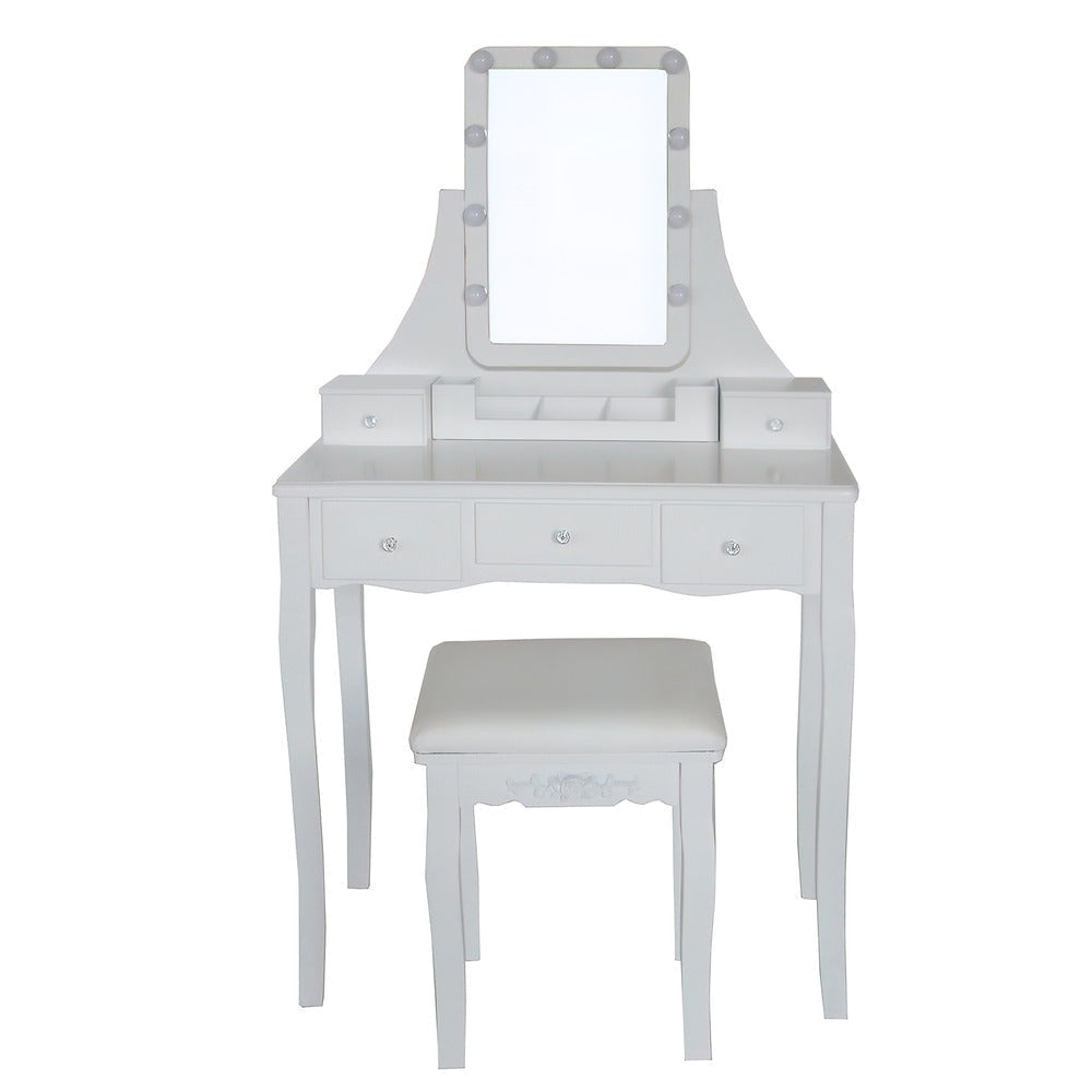 32 Inch 2 Piece Vanity Desk Set with LED Lights 5 Drawers Cushioned Stool White Solid Wood By The Urban Port UPT-272881