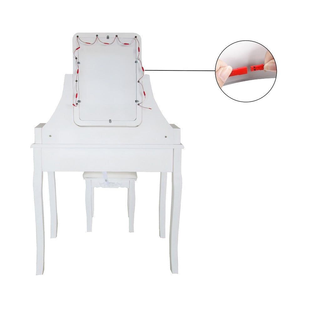 32 Inch 2 Piece Vanity Desk Set with LED Lights 5 Drawers Cushioned Stool White Solid Wood By The Urban Port UPT-272881